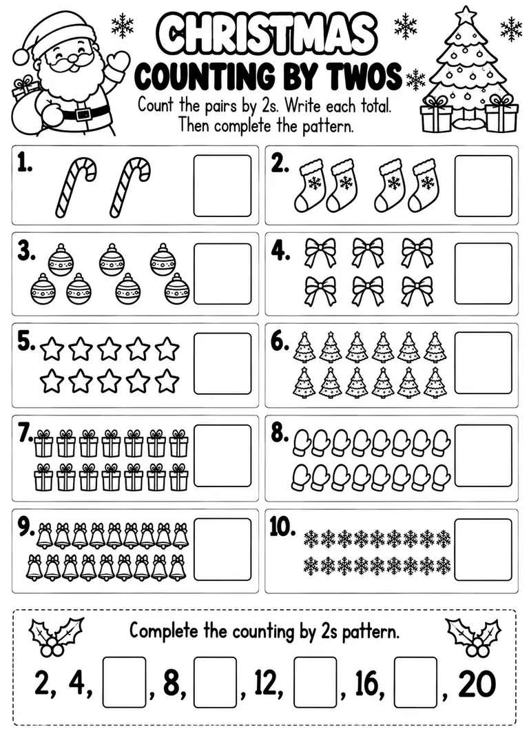 CHRISTMAS COUNTING BY TWOS WORKSHEET for Pre-K, Kindergarten, 1st Grade