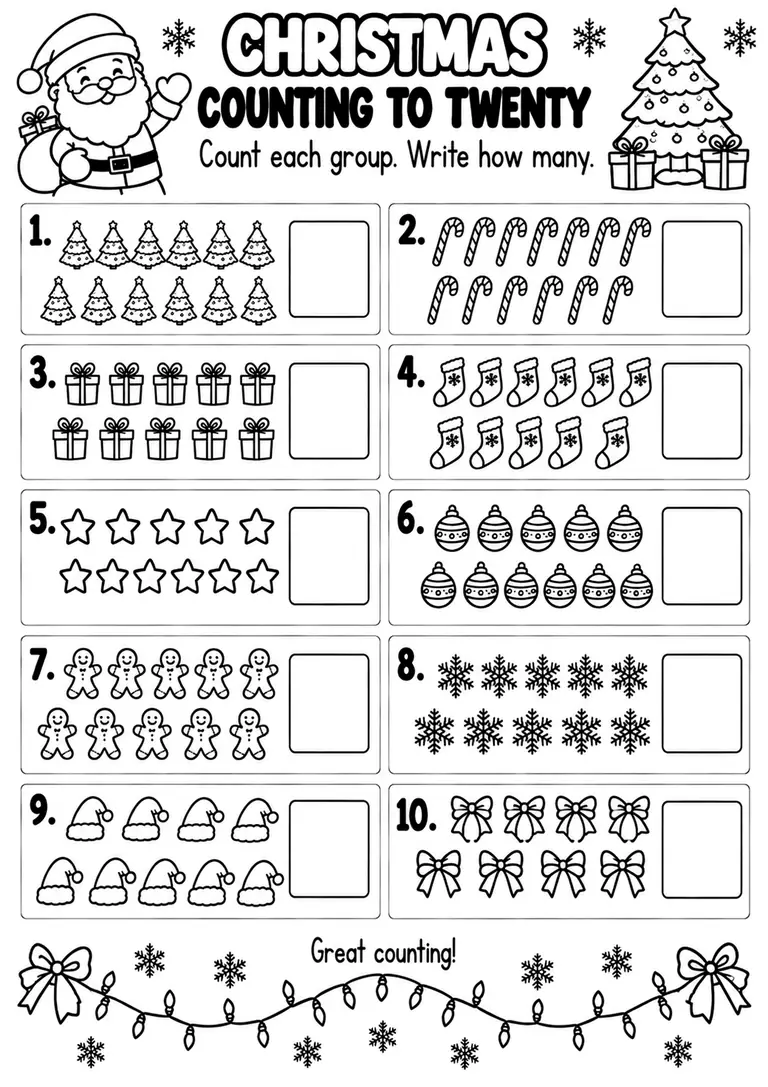 CHRISTMAS COUNTING TO TWENTY for Pre-K, Kindergarten, 1st Grade