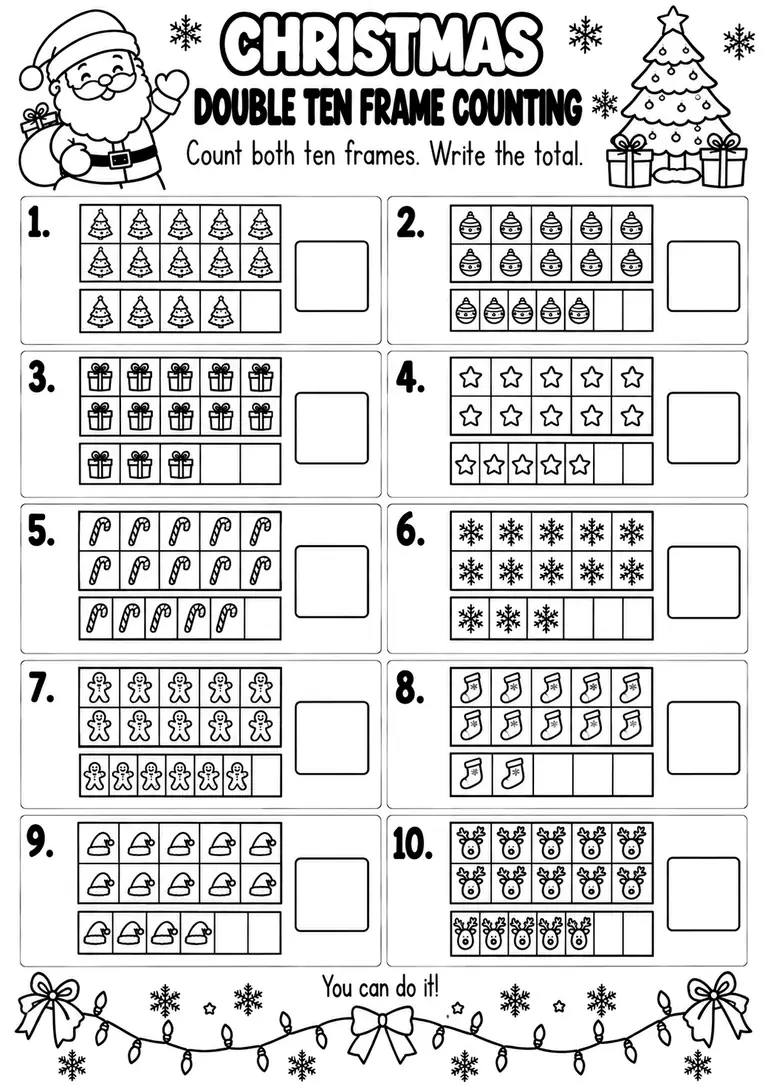 CHRISTMAS DOUBLE TEN FRAME COUNTING for Pre-K, Kindergarten, 1st Grade