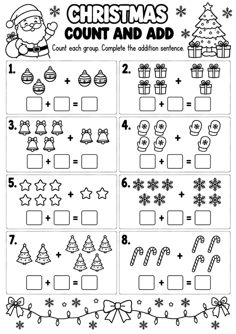 CHRISTMAS COUNT AND ADD for Pre-K, Kindergarten, 1st Grade