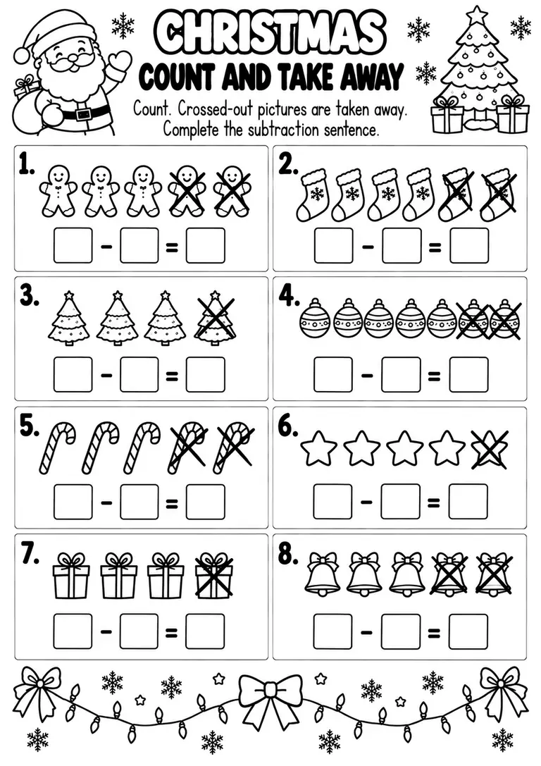 CHRISTMAS COUNT AND TAKE AWAY for Pre-K, Kindergarten, 1st Grade