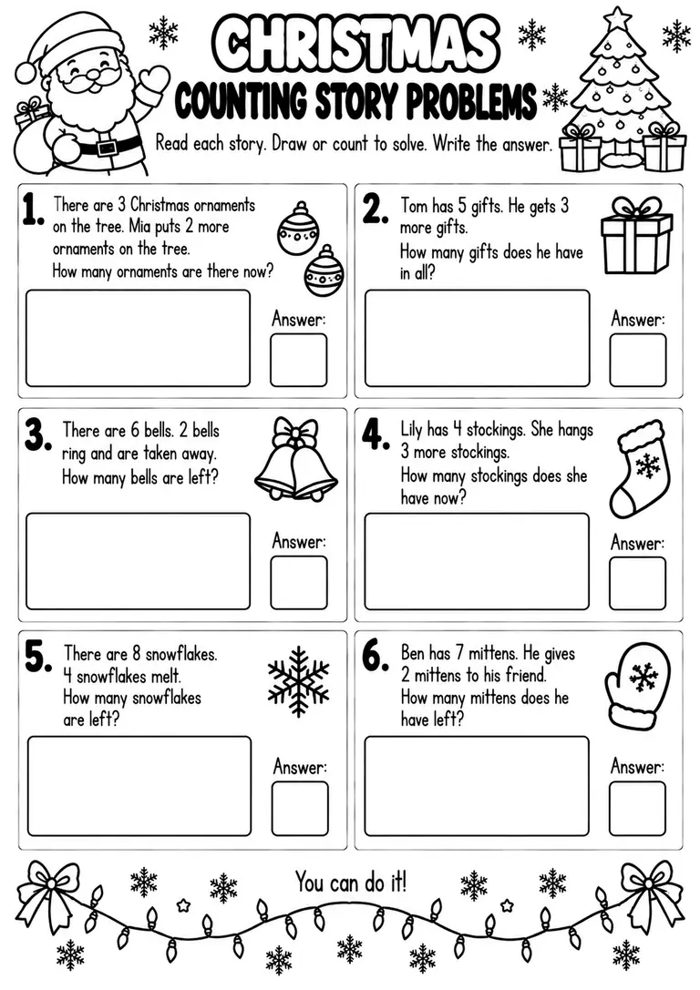 CHRISTMAS COUNTING STORY PROBLEMS for Pre-K, Kindergarten, 1st Grade