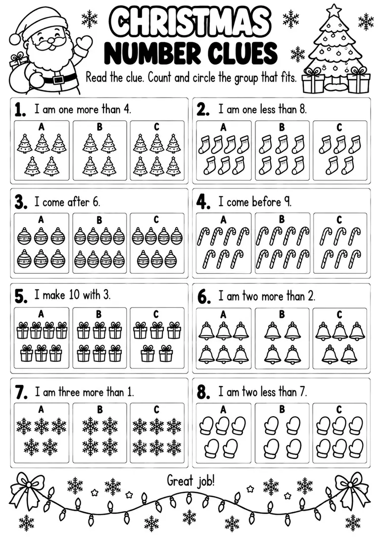 CHRISTMAS NUMBER CLUES for Pre-K, Kindergarten, 1st Grade