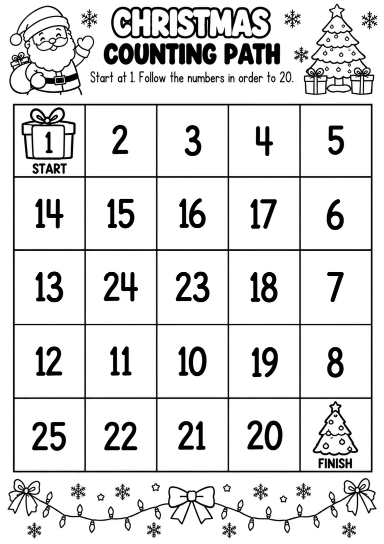 CHRISTMAS COUNTING PATH WORKSHEET for Pre-K, Kindergarten, 1st Grade