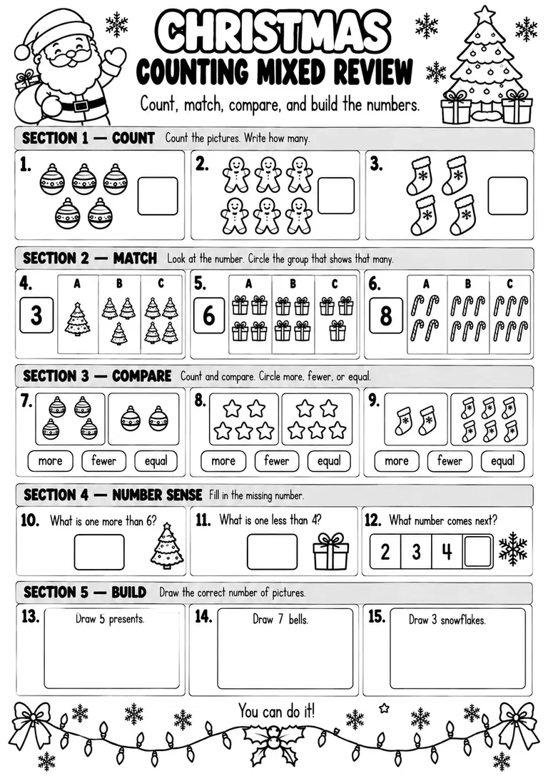 CHRISTMAS COUNTING MIXED REVIEW for Pre-K, Kindergarten, 1st Grade