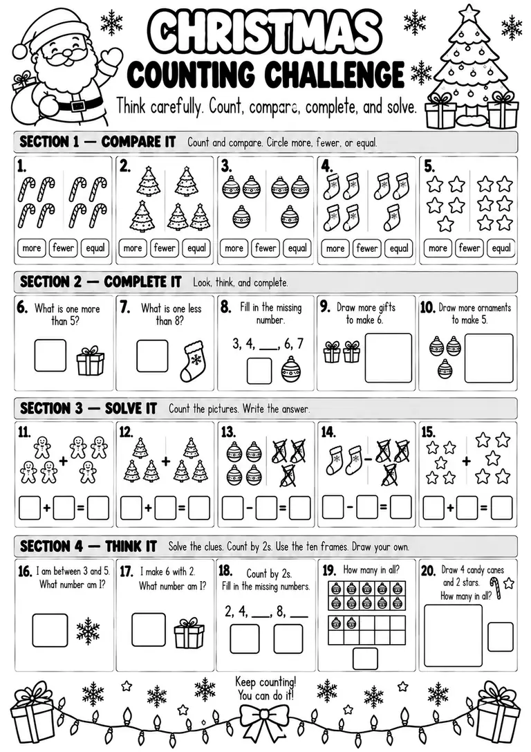 CHRISTMAS COUNTING CHALLENGE for Pre-K, Kindergarten, 1st Grade