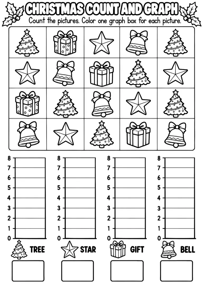 CHRISTMAS COUNT AND GRAPH for Pre-K, Kindergarten, 1st Grade
