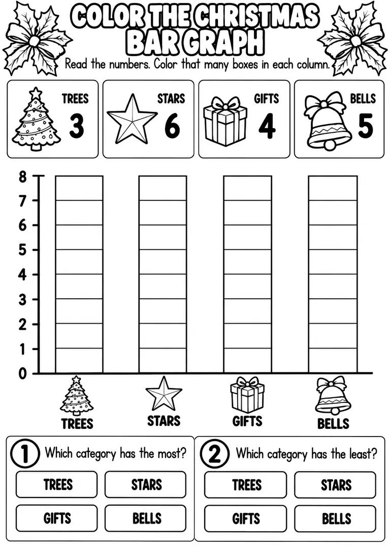 COLOR THE CHRISTMAS BAR GRAPH for Pre-K, Kindergarten, 1st Grade