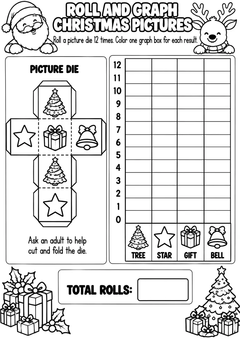 ROLL AND GRAPH CHRISTMAS PICTURES for Pre-K, Kindergarten, 1st Grade
