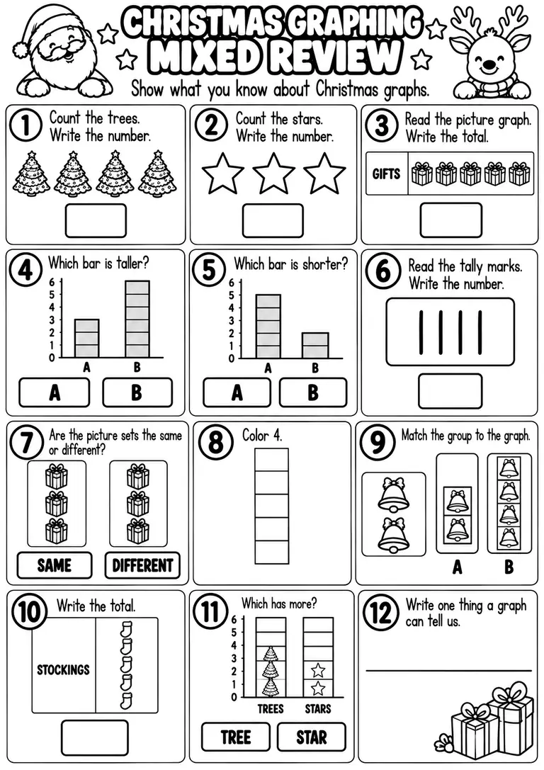 CHRISTMAS GRAPHING MIXED REVIEW for Pre-K, Kindergarten, 1st Grade