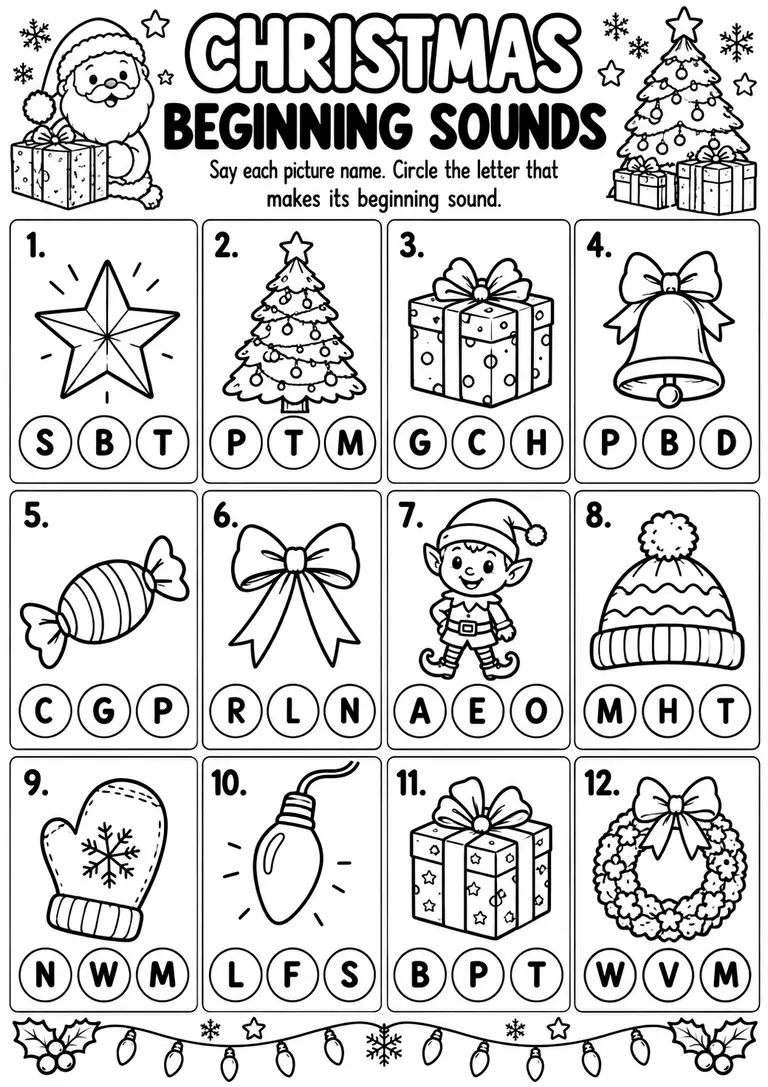 Christmas Beginning Sounds WORKSHEET for Preschool, Kindergarten, 1st Grade