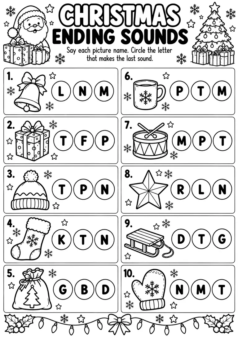 Christmas Ending Sounds for Preschool, Kindergarten, 1st Grade