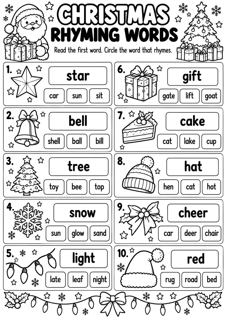 Christmas Rhyming Words WORKSHEET for Preschool, Kindergarten, 1st Grade