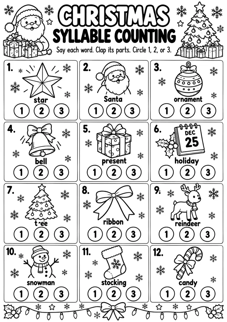 Christmas Syllable Counting for Preschool, Kindergarten, 1st Grade