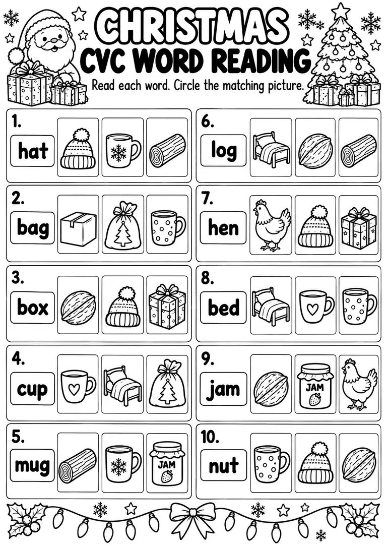 Christmas CVC Word Reading for Preschool, Kindergarten, 1st Grade