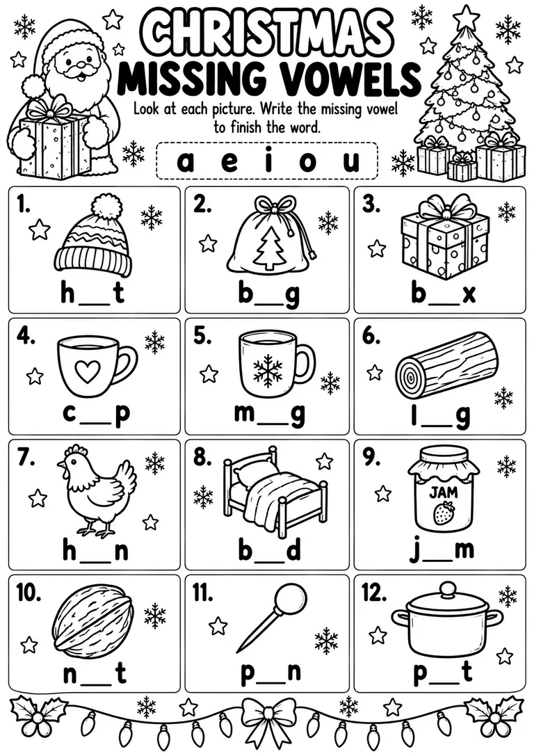 Christmas Missing Vowels for Preschool, Kindergarten, 1st Grade