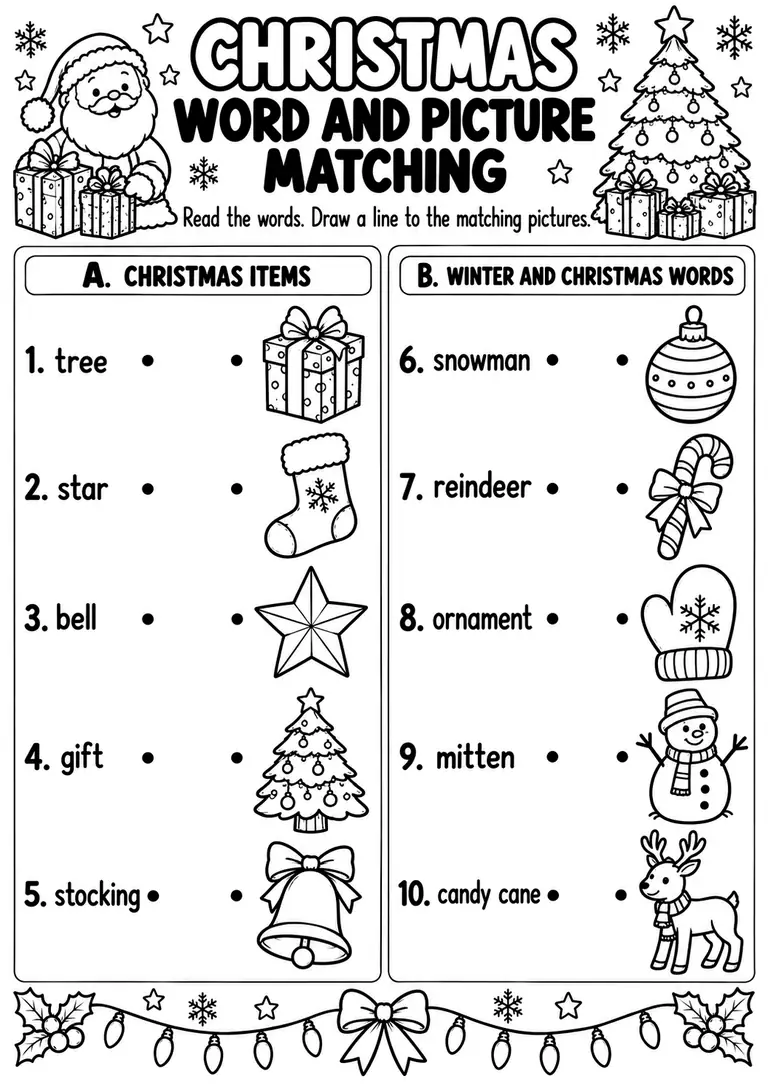 Christmas Word and Picture Matching for Preschool, Kindergarten, 1st Grade