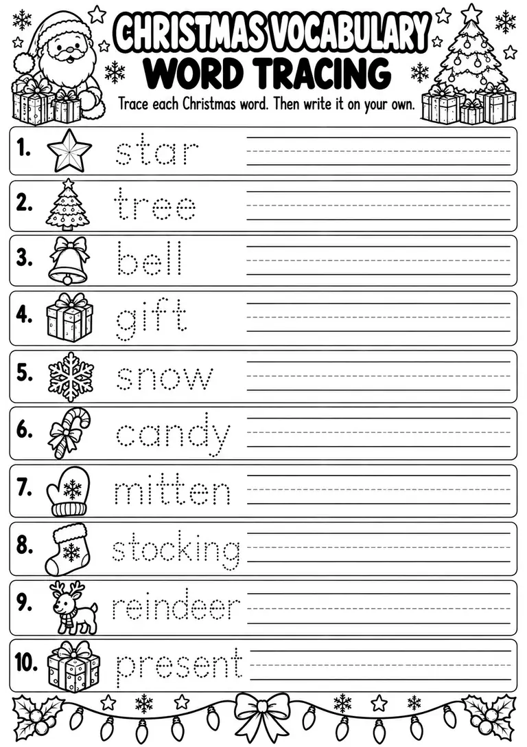Christmas Vocabulary Word Tracing for Preschool, Kindergarten, 1st Grade