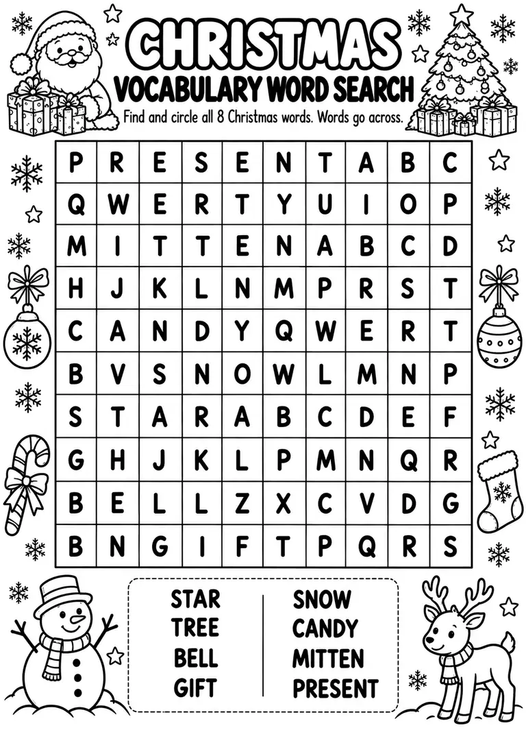 Christmas Vocabulary Word Search for Preschool, Kindergarten, 1st Grade