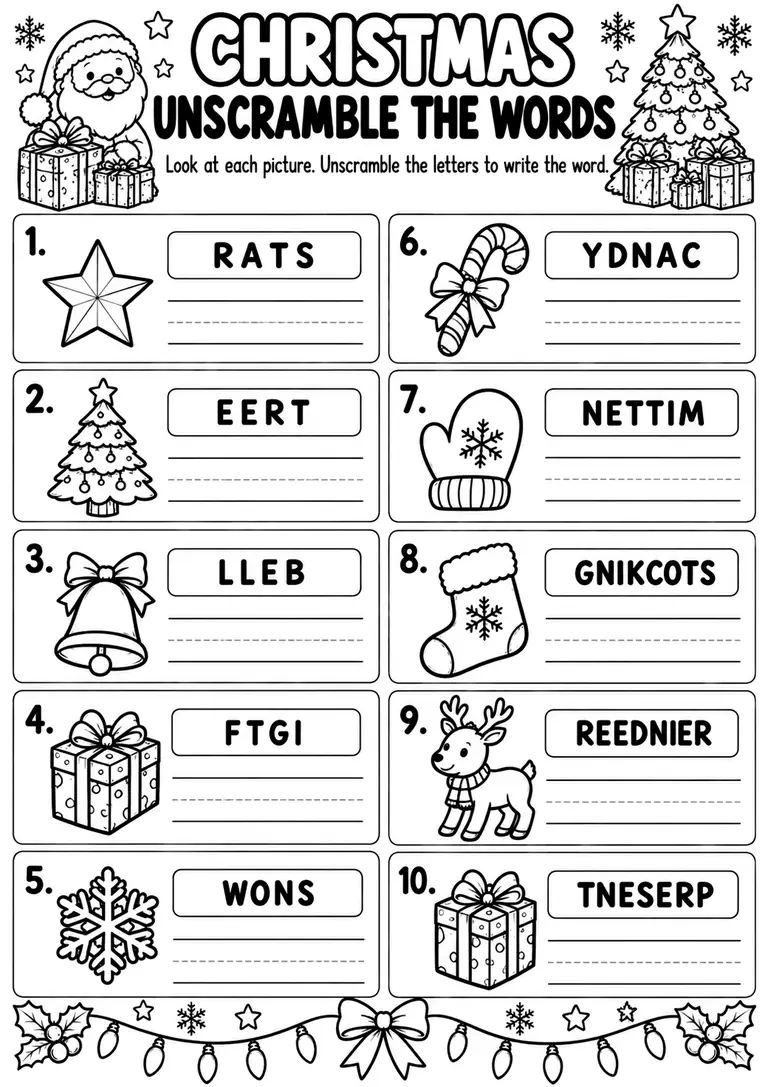 Christmas Unscramble the Words for Preschool, Kindergarten, 1st Grade