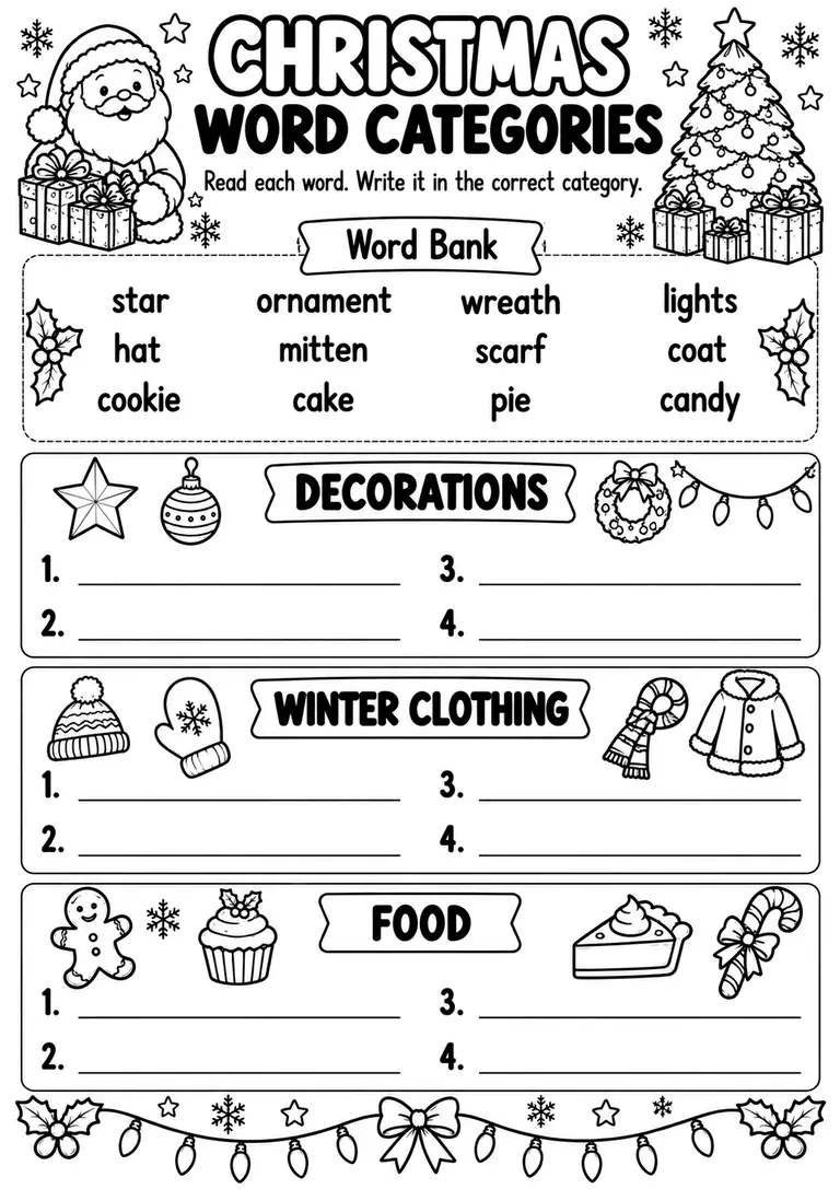 Christmas Word Categories for Preschool, Kindergarten, 1st Grade