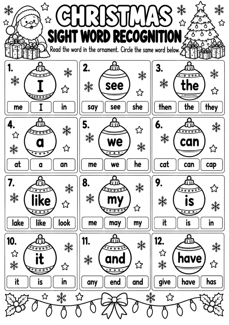 Christmas Sight Word Recognition for Preschool, Kindergarten, 1st Grade