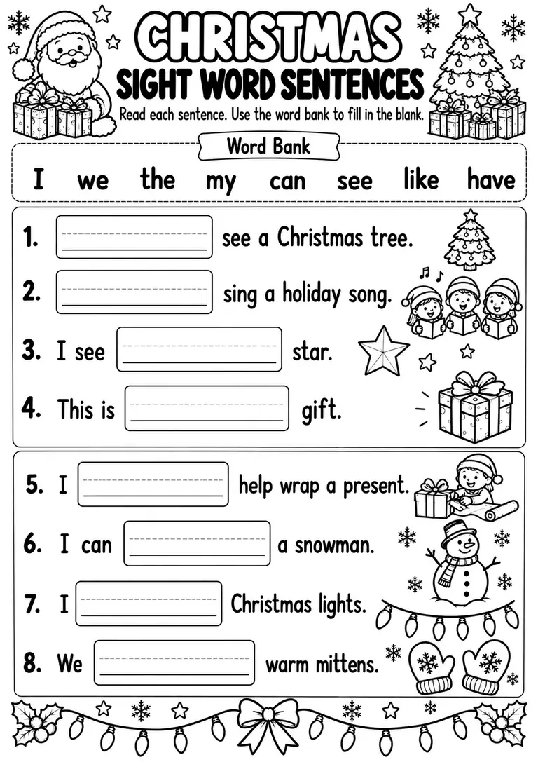 Christmas Sight Word Sentences for Preschool, Kindergarten, 1st Grade