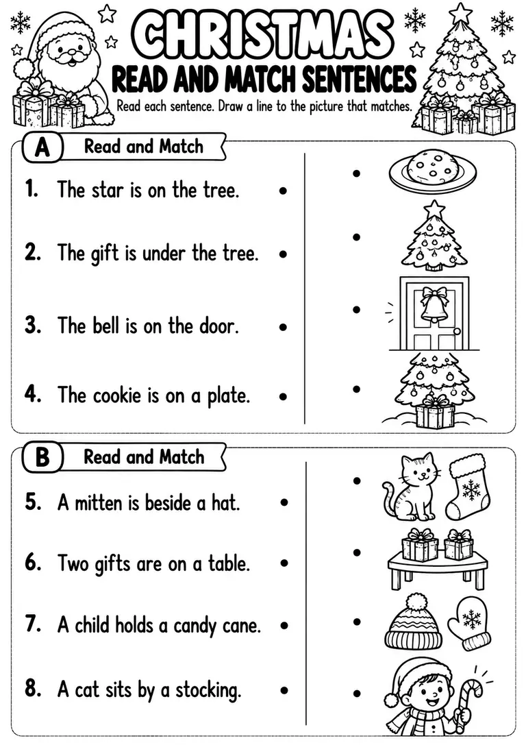 Christmas Read and Match Sentences for Preschool, Kindergarten, 1st Grade