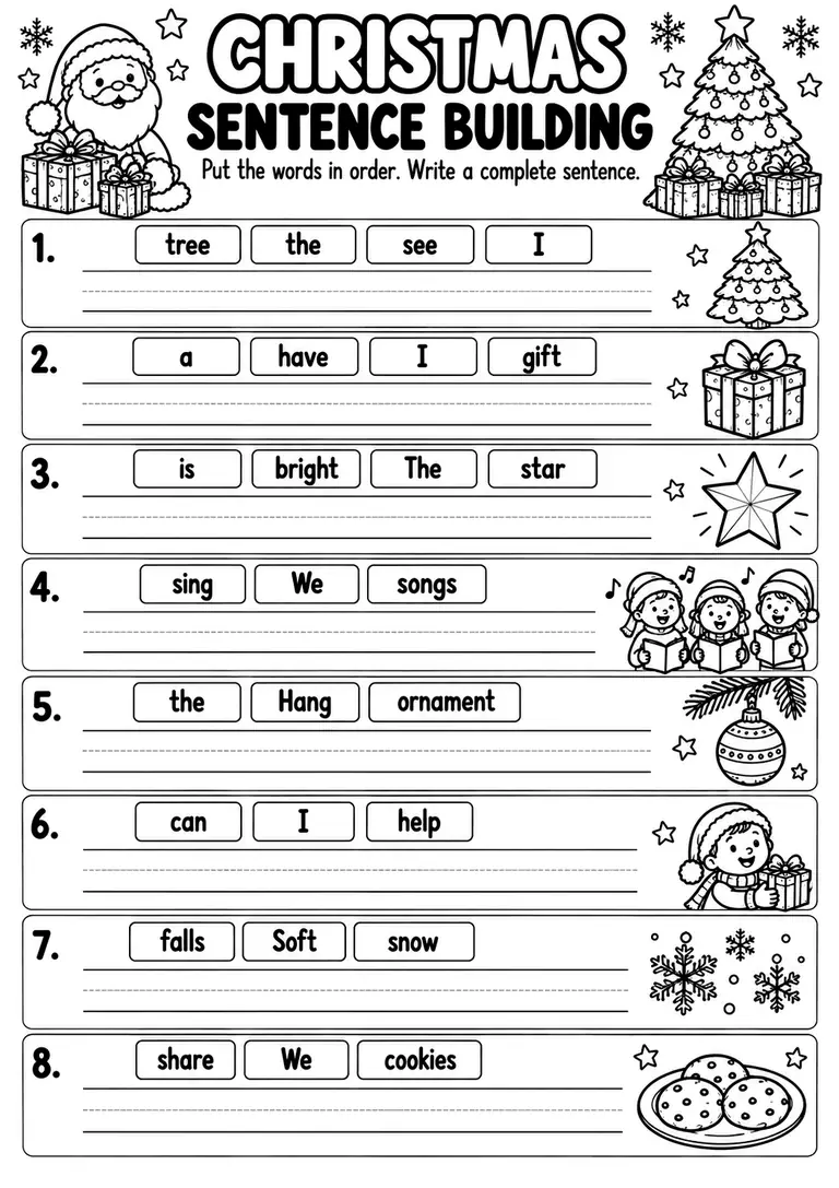 Christmas Sentence Building for Preschool, Kindergarten, 1st Grade
