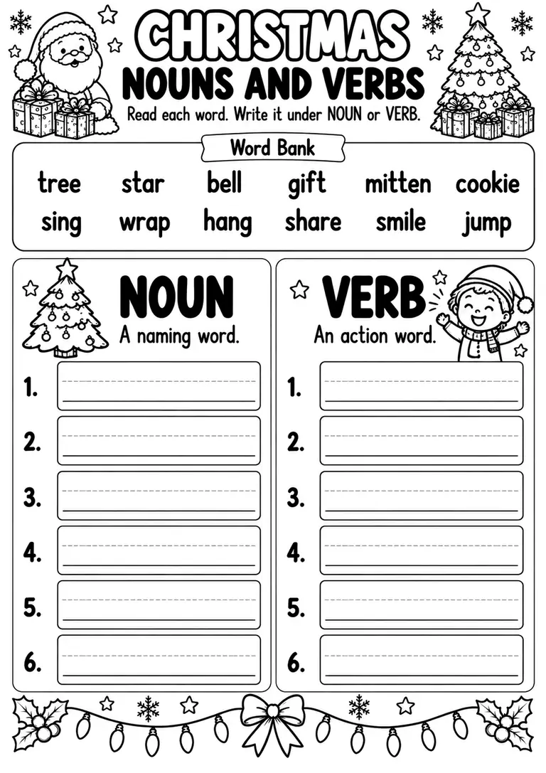 Christmas Nouns and Verbs for Preschool, Kindergarten, 1st Grade