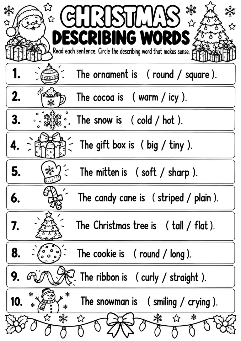 Christmas Describing Words for Preschool, Kindergarten, 1st Grade