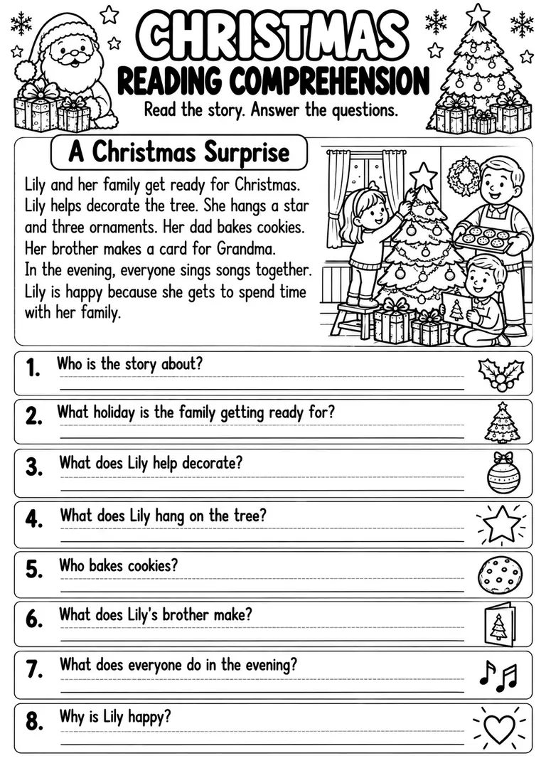 Christmas Reading Comprehension for Preschool, Kindergarten, 1st Grade