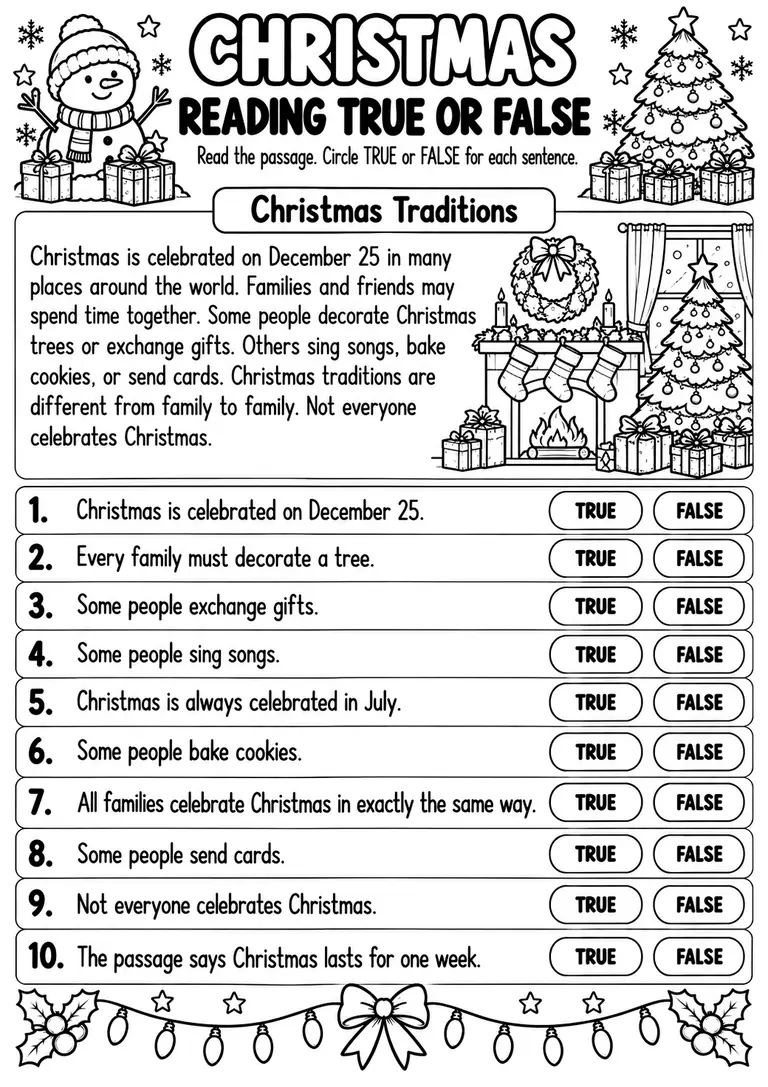 Christmas Reading True or False for Preschool, Kindergarten, 1st Grade