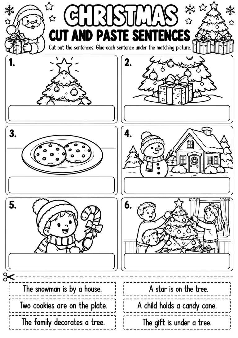 Christmas Cut and Paste Sentences for Preschool, Kindergarten, 1st Grade