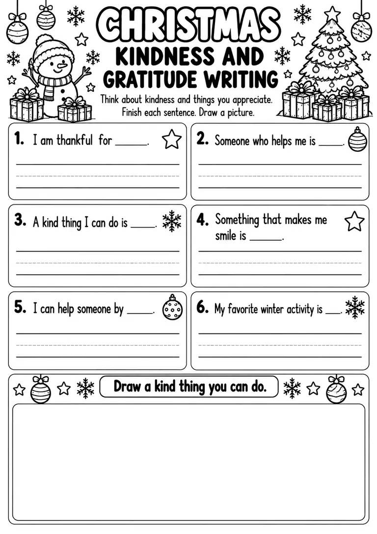 Christmas Kindness and Gratitude Writing for Preschool, Kindergarten, 1st Grade