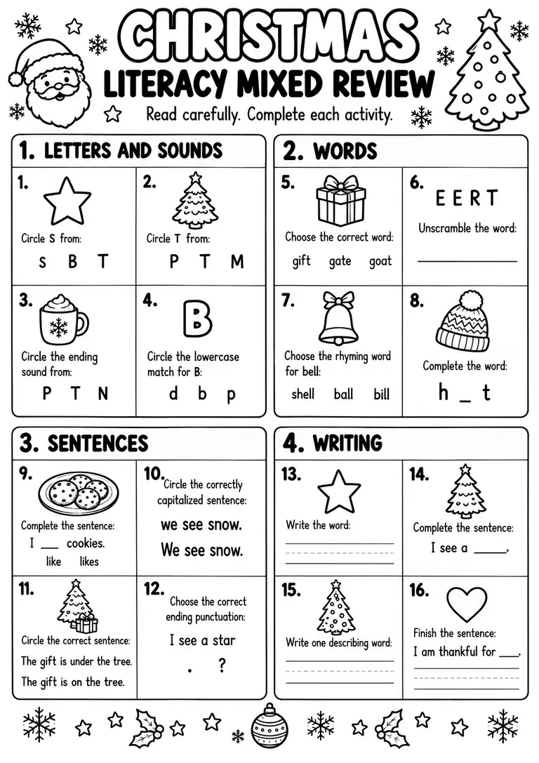 Christmas Literacy Mixed Review for Preschool, Kindergarten, 1st Grade