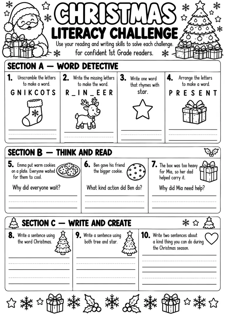 Christmas Literacy Challenge for Preschool, Kindergarten, 1st Grade