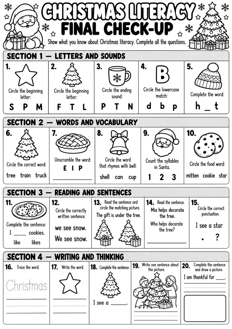 Christmas Literacy Final Check-Up for Preschool, Kindergarten, 1st Grade
