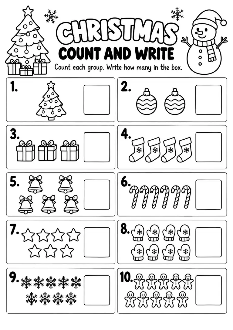 Christmas Count and Write WORKSHEET for Kindergarten, 1st Grade