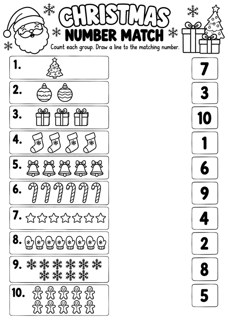 Christmas Number Match for Kindergarten, 1st Grade