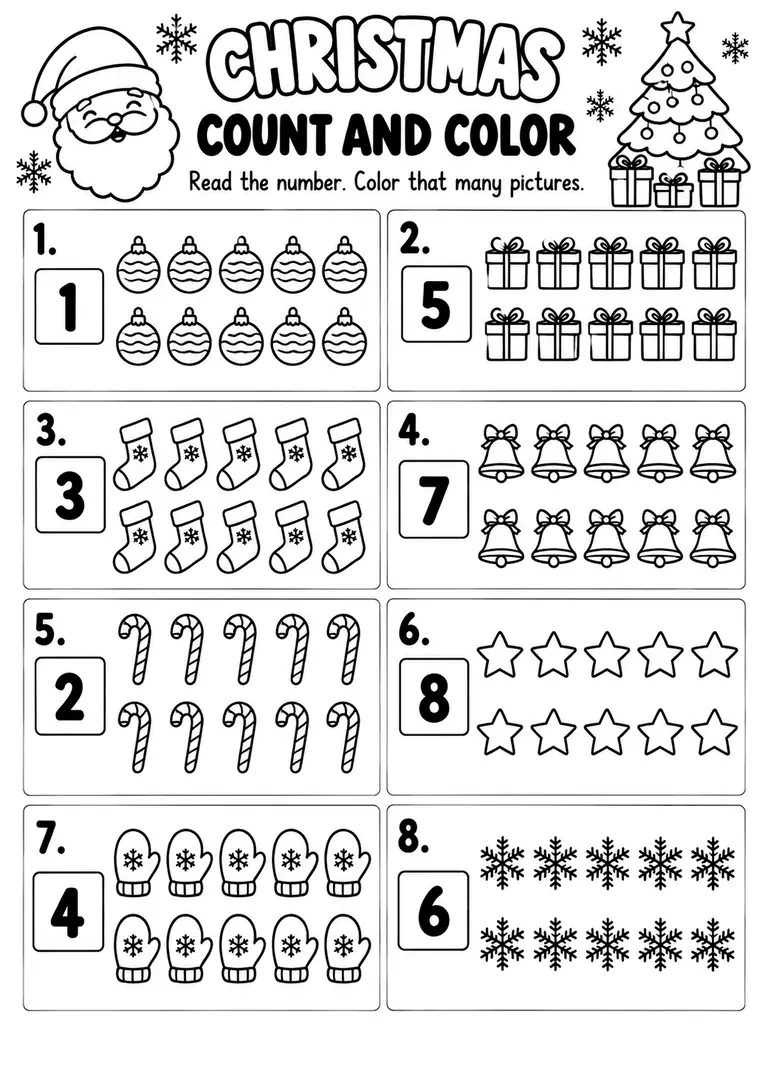 Christmas Count and Color for Kindergarten, 1st Grade