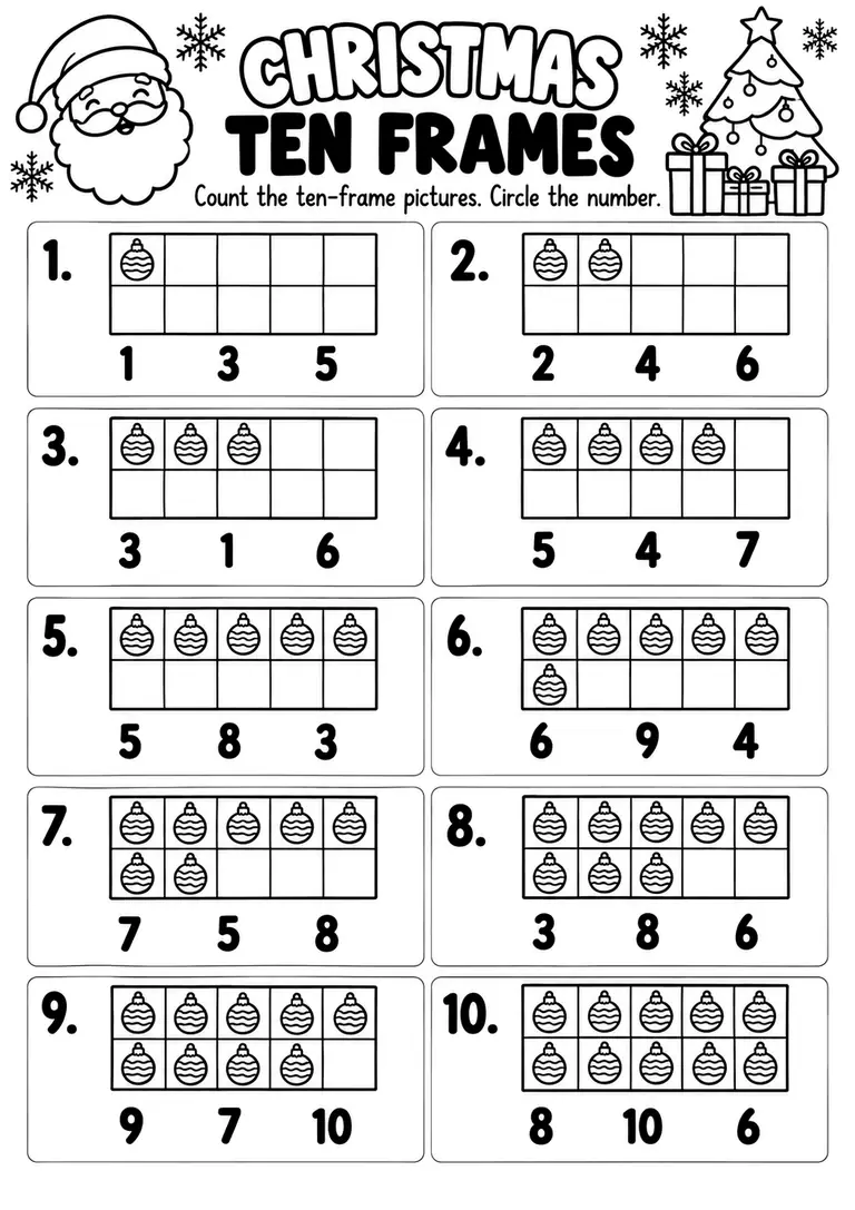 Christmas Ten Frames WORKSHEET for Kindergarten, 1st Grade