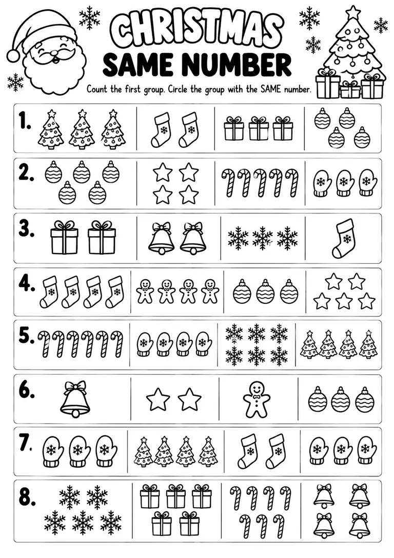 Christmas Same Number for Kindergarten, 1st Grade