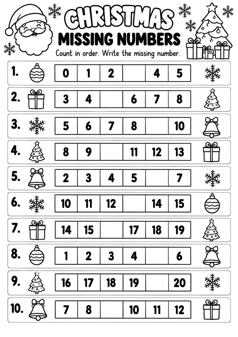 Christmas Missing Numbers WORKSHEET for Kindergarten, 1st Grade