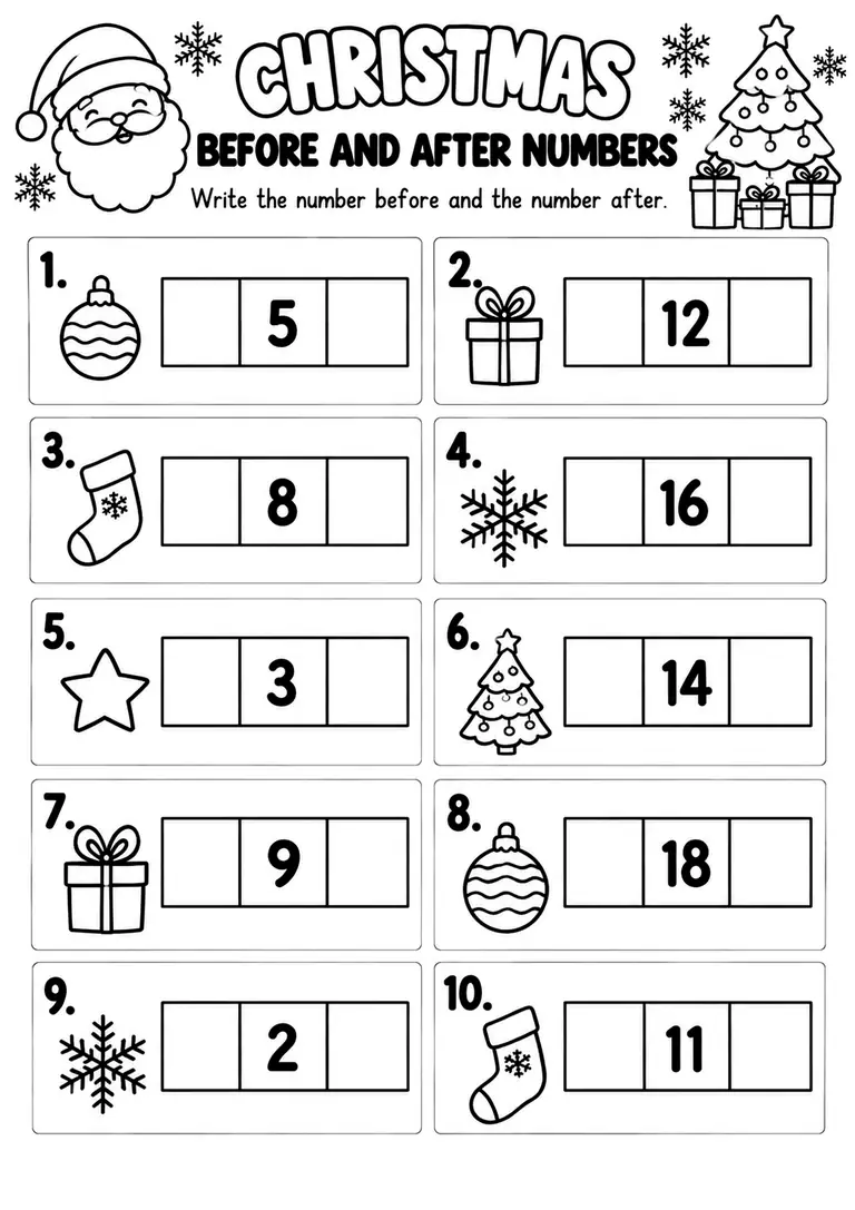Christmas Before and After Numbers WORKSHEET for Kindergarten, 1st Grade