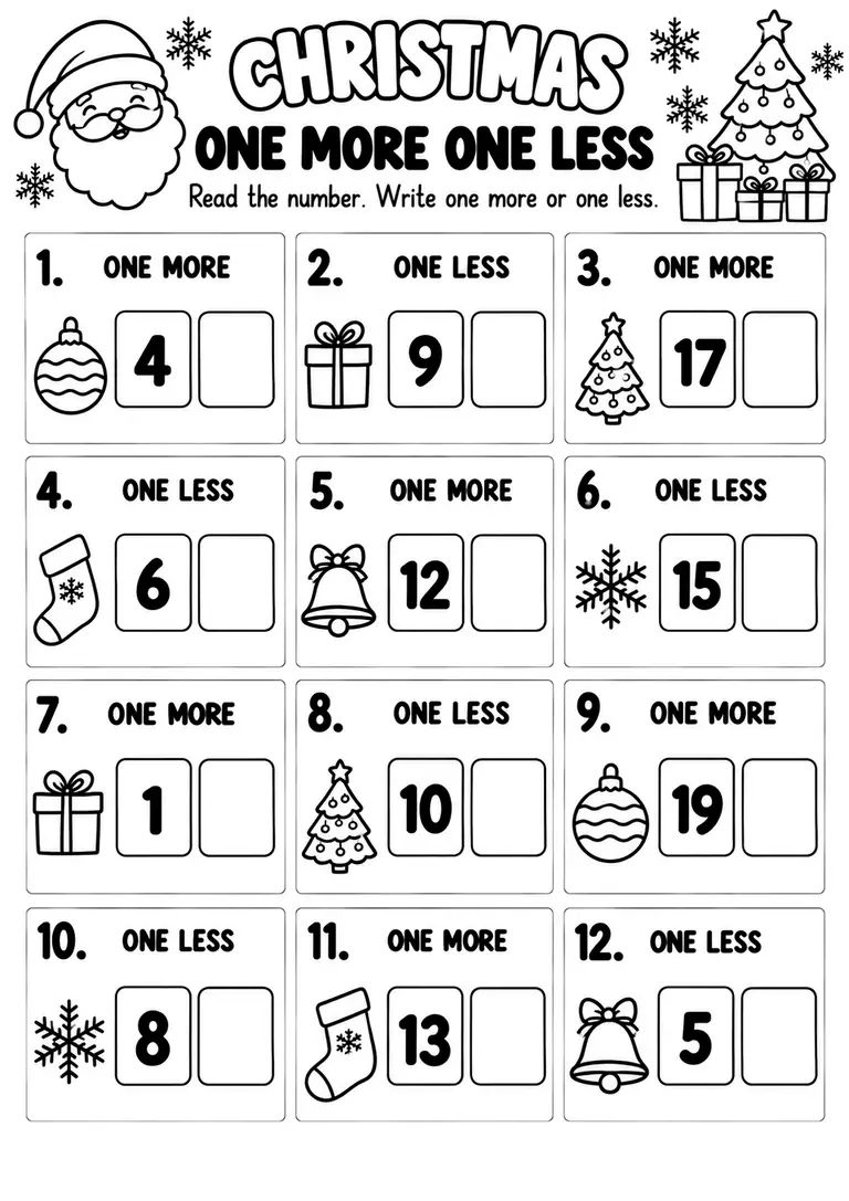 Christmas One More One Less WORKSHEET for Kindergarten, 1st Grade