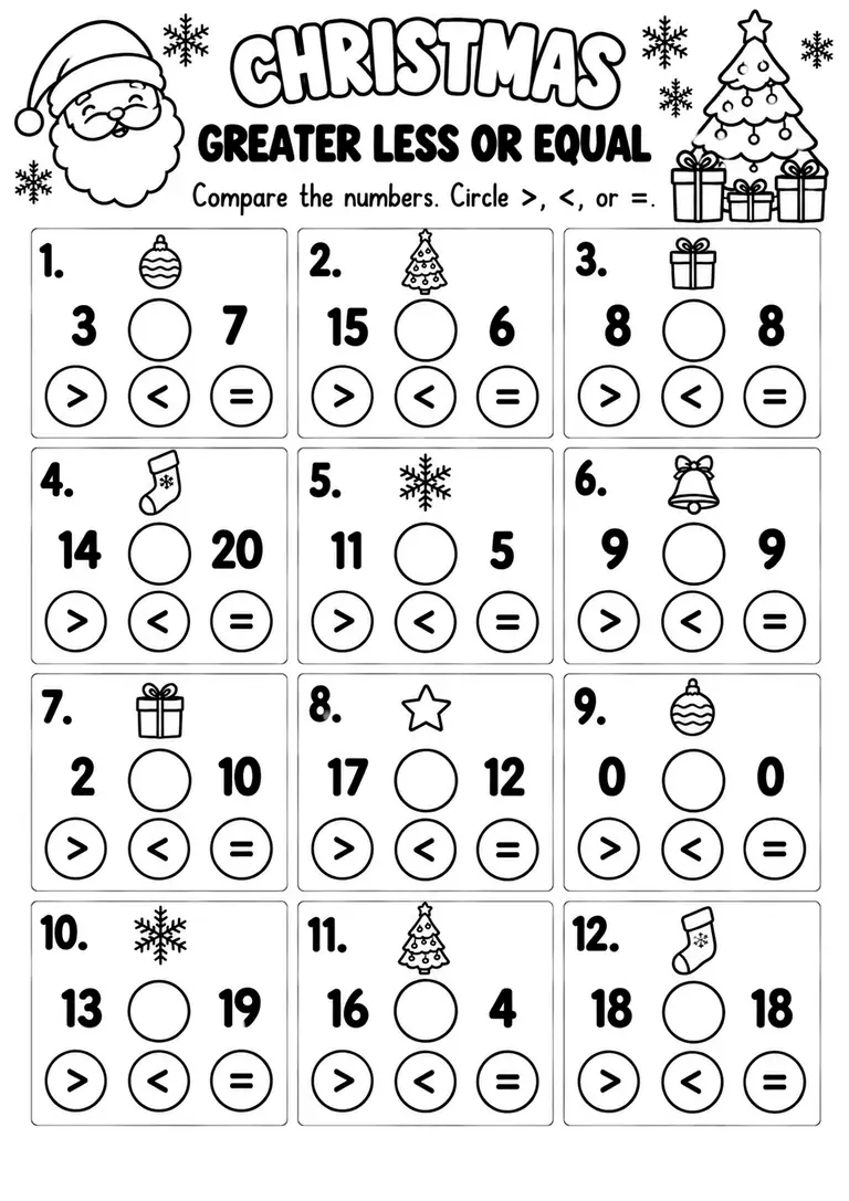 Christmas Greater Less or Equal WORKSHEET for Kindergarten, 1st Grade