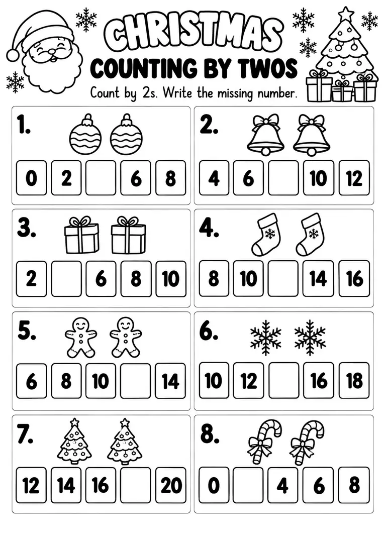 Christmas Counting by Twos for Kindergarten, 1st Grade