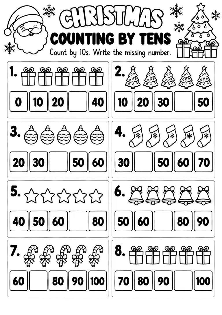 Christmas Counting by Tens for Kindergarten, 1st Grade
