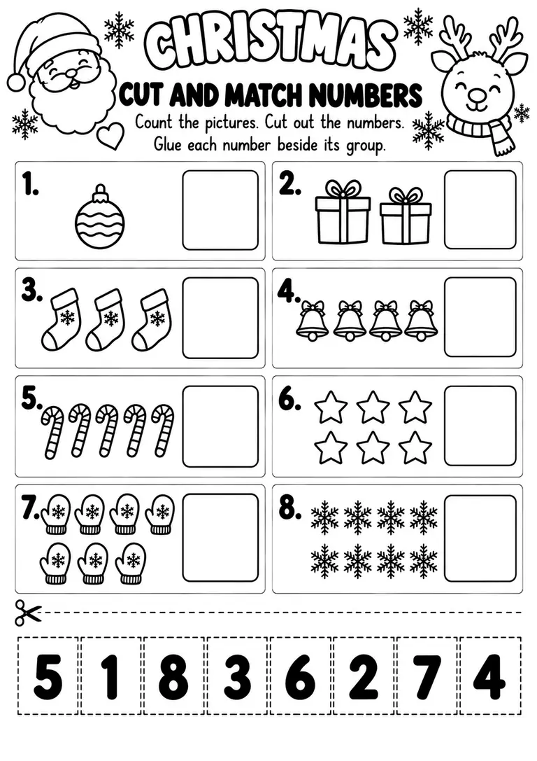 Christmas Cut and Match Numbers for Kindergarten, 1st Grade